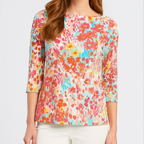 J.McLaughlin Catalina Cloth Wavesong 3/4 Sleeve Button Shoulder Top Print Small - Picture 1 of 9